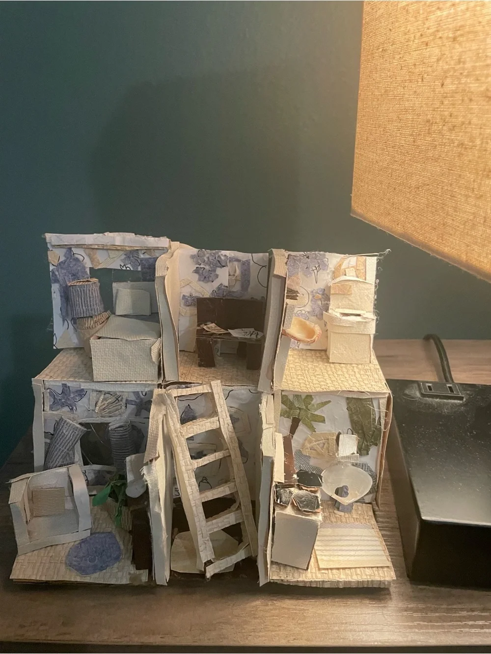 Handmade Miniature Cardboard Dollhouse - Neutral & Blue Floral